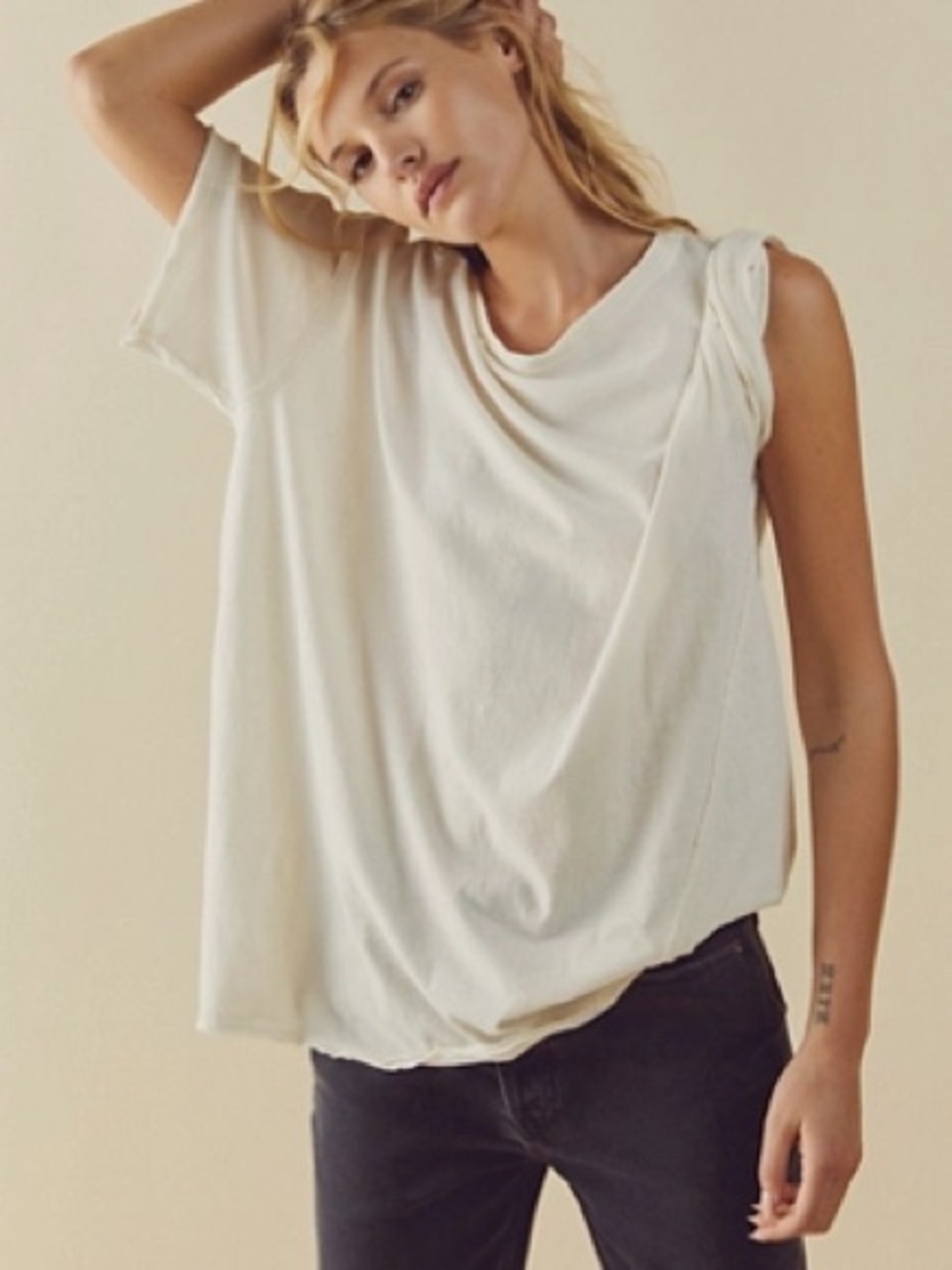 We The Free people dani Cream shirt distressed ripped boyfriend tee oversize top